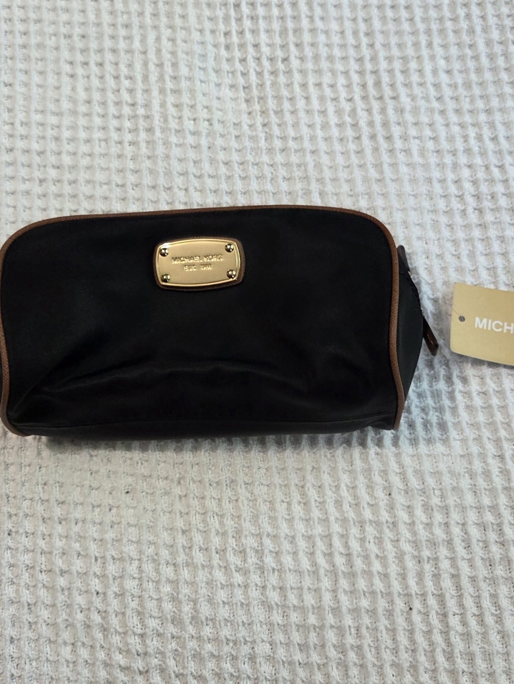 Michael Kors Black Cosmetic Case with Brown Trim and Gold Plaque